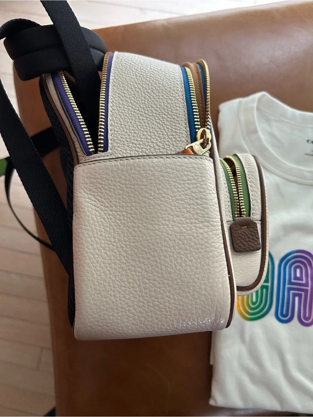 Coach White Pebble Leather Mini Backpack with Rainbow Logo